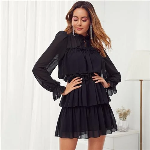 Mini dresses with side slits for a sexy appealFashionSierra - Black Frill Tie Neck Ruffle Trim Layered Mesh Party Mini Dress Women Autumn Stand Collar Shift Ladies Elegant Dresses Mini dresses with side slits for a sexy appealFashionSierra - Black Frill Tie Neck Ruffle Trim Layered Mesh Party Mini Dress Women Autumn Stand Collar Shift Ladies Elegant Dresses