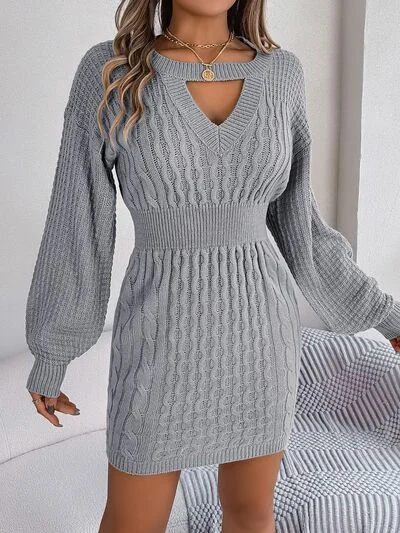 Plaid mini dresses for fall fashionCable-Knit Cutout Round Neck Slit Long Sleeve Sweater Dress Plaid mini dresses for fall fashionCable-Knit Cutout Round Neck Slit Long Sleeve Sweater Dress