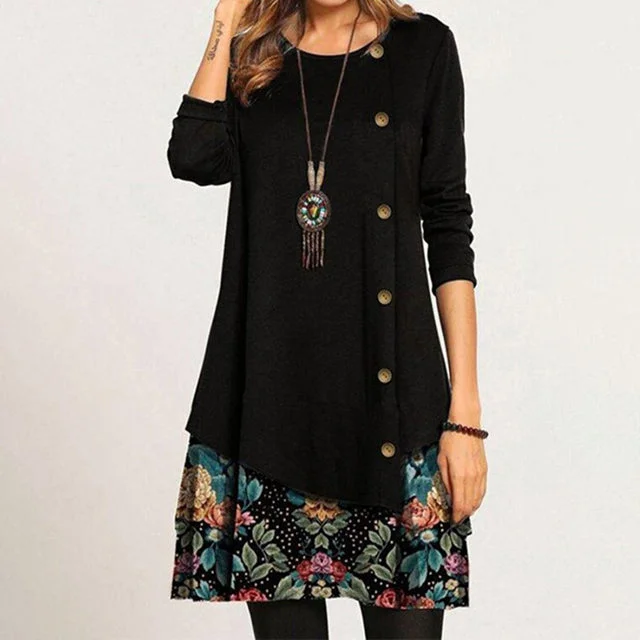 Mini dresses with one - shoulder designsCasual Double-Layered Floral Print Dress