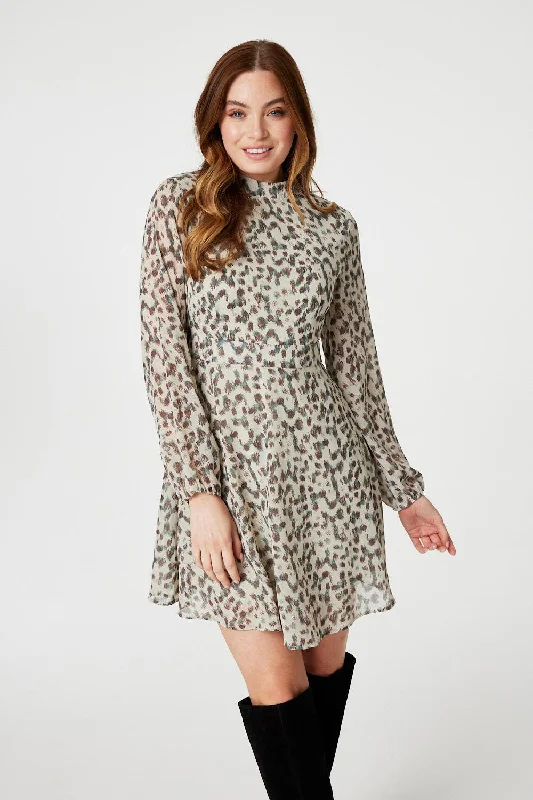 Sheer mini dresses with lace insertsAnimal Print High Neck Mini Dress