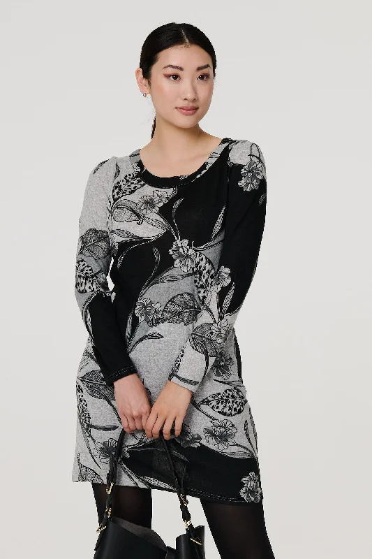 Mini dresses with cold - shoulder designsFloral Long Sleeve Jersey Shift Dress