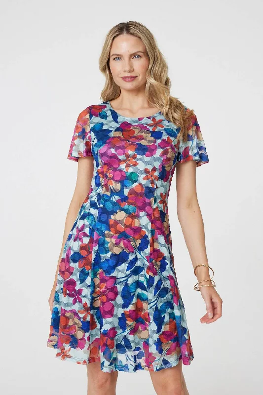 Denim mini dresses with distressed detailsFloral Layered Angel Sleeve Short Dress