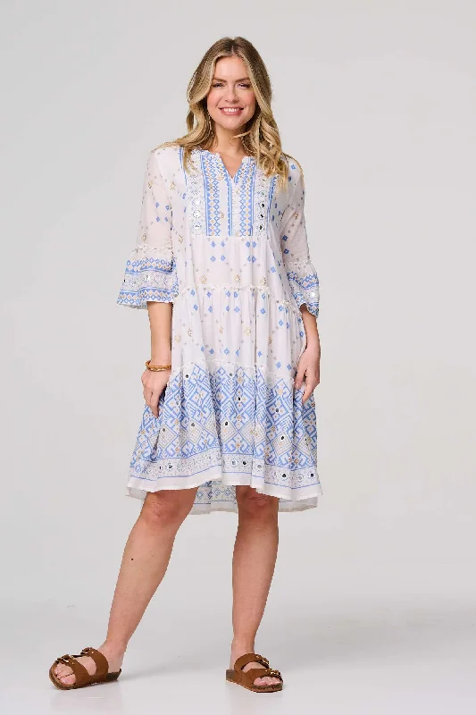 Mini dresses with criss - cross backs for a flirty lookEmbroidered 3/4 Flared Sleeve Short Smock Dress Mini dresses with criss - cross backs for a flirty lookEmbroidered 3/4 Flared Sleeve Short Smock Dress