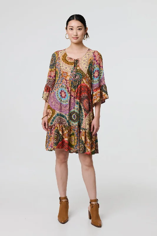 Mini dresses with spaghetti straps for a delicate lookKaleidoscope Print 3/4 Sleeve Short Dress Mini dresses with spaghetti straps for a delicate lookKaleidoscope Print 3/4 Sleeve Short Dress