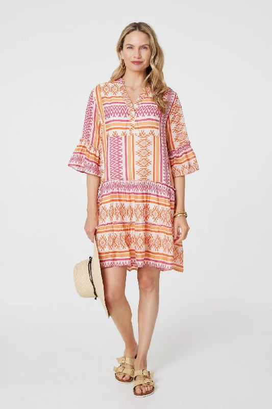 Mini dresses with cut - out details for a trendy lookAztec Print V-Neck 3/4 Sleeve Short Dress Mini dresses with cut - out details for a trendy lookAztec Print V-Neck 3/4 Sleeve Short Dress