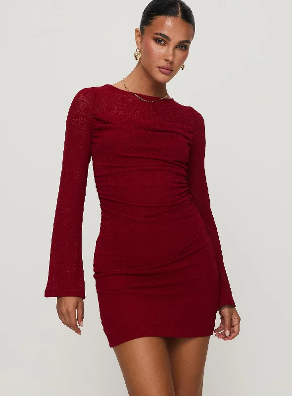 Plaid mini dresses for fall fashionEpiphany Long Sleeve Mini Dress Burgundy
