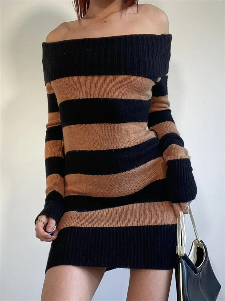 Mini dresses with ruched bodices for a feminine touchFashionSierra - Fall Winter Striped Long Sleeve Slash Neck Off Shoulder Mini Dress Mini dresses with ruched bodices for a feminine touchFashionSierra - Fall Winter Striped Long Sleeve Slash Neck Off Shoulder Mini Dress