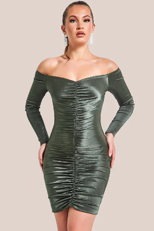 Strapless mini dresses for a beach vacationGoddiva Off The Shoulder Ruched Mini - Khaki Strapless mini dresses for a beach vacationGoddiva Off The Shoulder Ruched Mini - Khaki