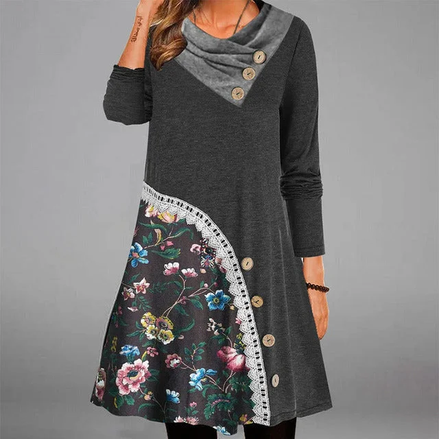 Mini dresses with keyhole necklinesLace Patchwork Floral Print Dress