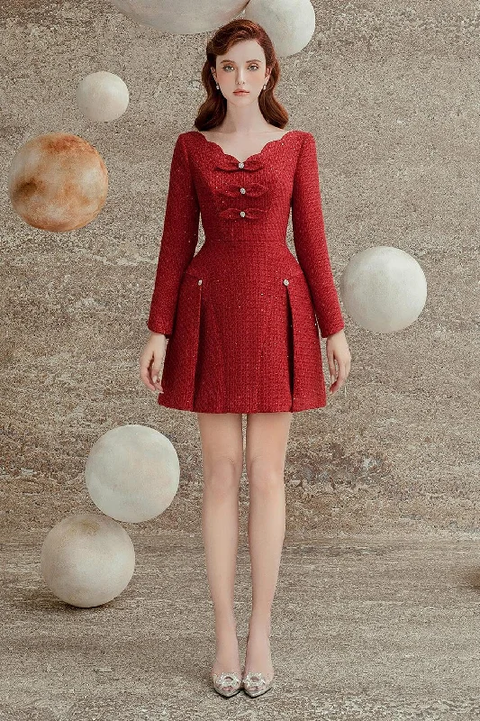 Mini dresses with pom - pom trims for a playful feelSelina A-line Scallop Neck Tweed Mini Dress Mini dresses with pom - pom trims for a playful feelSelina A-line Scallop Neck Tweed Mini Dress