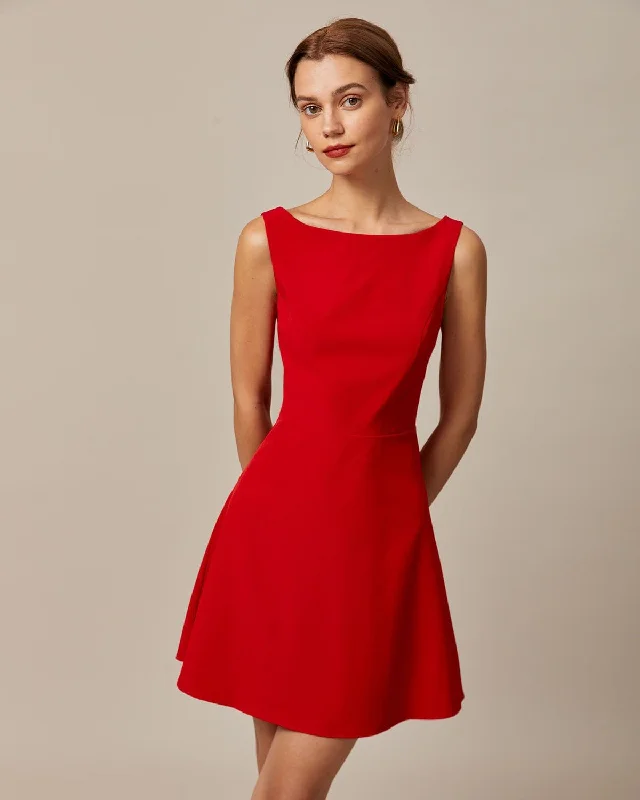 Mini dresses with empire waists for a flattering fitThe Red Boat Neck High Waisted Mini Dress
