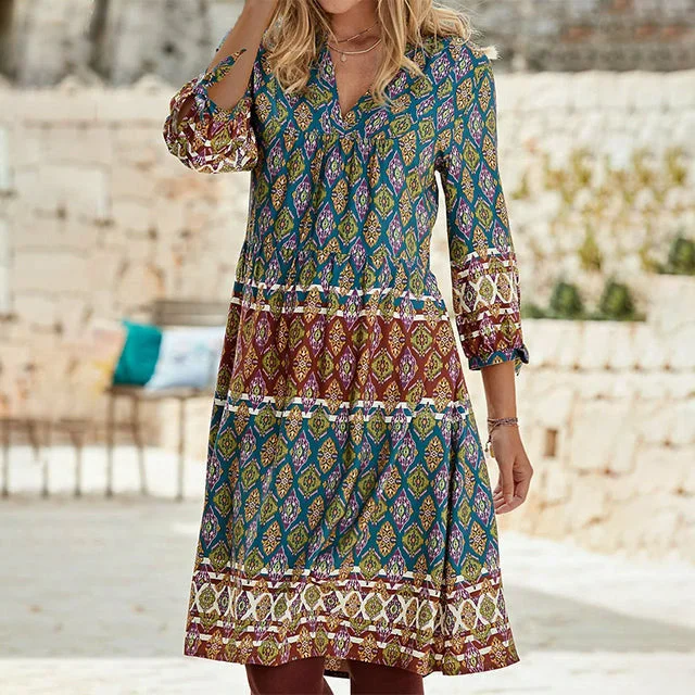 Polyester mini dresses for easy careVintage Ethnic Geometric Print Dress