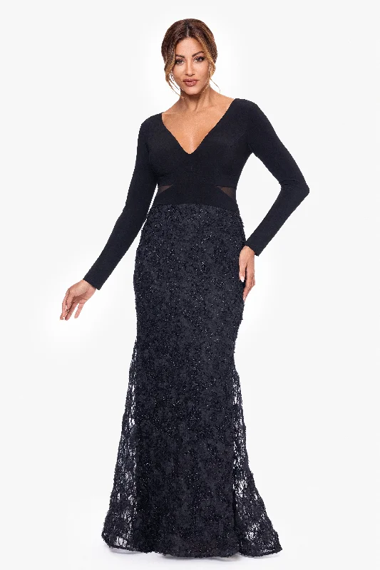 Cocktail dresses with off - the - shoulder designs and beaded accents"Melrose" Long Jersey Knit and Soutache Long Sleeve Dress