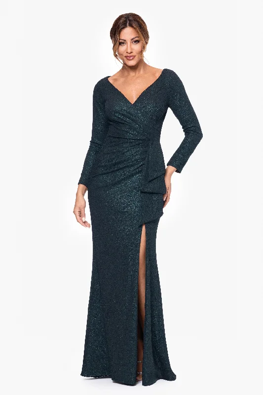 Printed cocktail dresses with geometric patterns for a contemporary aesthetic"Shelby" Long V-Neck Ruffle Foil Knit Dress Printed cocktail dresses with geometric patterns for a contemporary aesthetic"Shelby" Long V-Neck Ruffle Foil Knit Dress