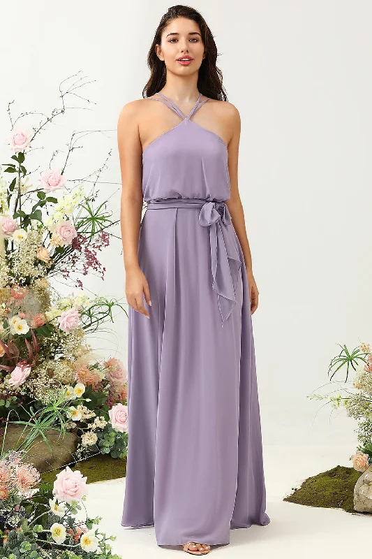 Wedding guest dresses with high - low hems and floral appliquesA Line Halter Purple Long Bridesmaid Dress with Bowknot Wedding guest dresses with high - low hems and floral appliquesA Line Halter Purple Long Bridesmaid Dress with Bowknot