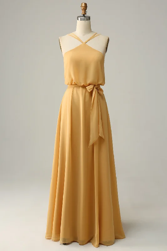 Wedding guest dresses with button - down fronts and A - line silhouettesA Line Halter Yellow Long Bridesmaid Dress with Bowknot Wedding guest dresses with button - down fronts and A - line silhouettesA Line Halter Yellow Long Bridesmaid Dress with Bowknot