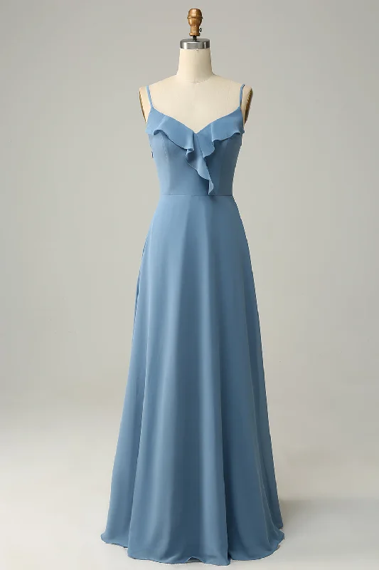 Wedding guest dresses with empire waists and tulle skirtsA Line Spaghetti Straps Grey Blue Long Bridesmaid Dress with Ruffles Wedding guest dresses with empire waists and tulle skirtsA Line Spaghetti Straps Grey Blue Long Bridesmaid Dress with Ruffles