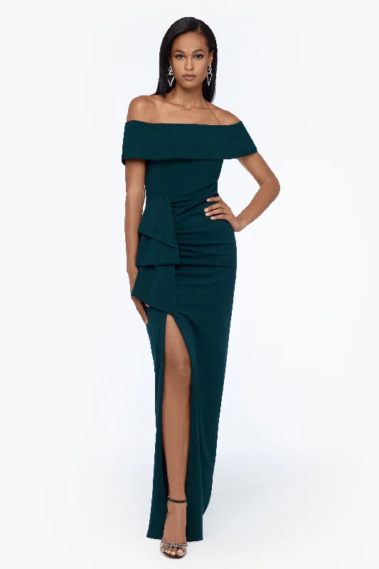 Cocktail dresses with a mesh panel and a high - neck design"Camila" Long Off the Shoulder Scuba Crepe Dress Cocktail dresses with a mesh panel and a high - neck design"Camila" Long Off the Shoulder Scuba Crepe Dress