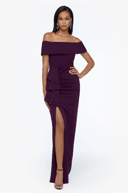 Ruffled cocktail dresses with a knee - length hem for a feminine appeal"Camila" Long Off the Shoulder Scuba Crepe Dress Ruffled cocktail dresses with a knee - length hem for a feminine appeal"Camila" Long Off the Shoulder Scuba Crepe Dress