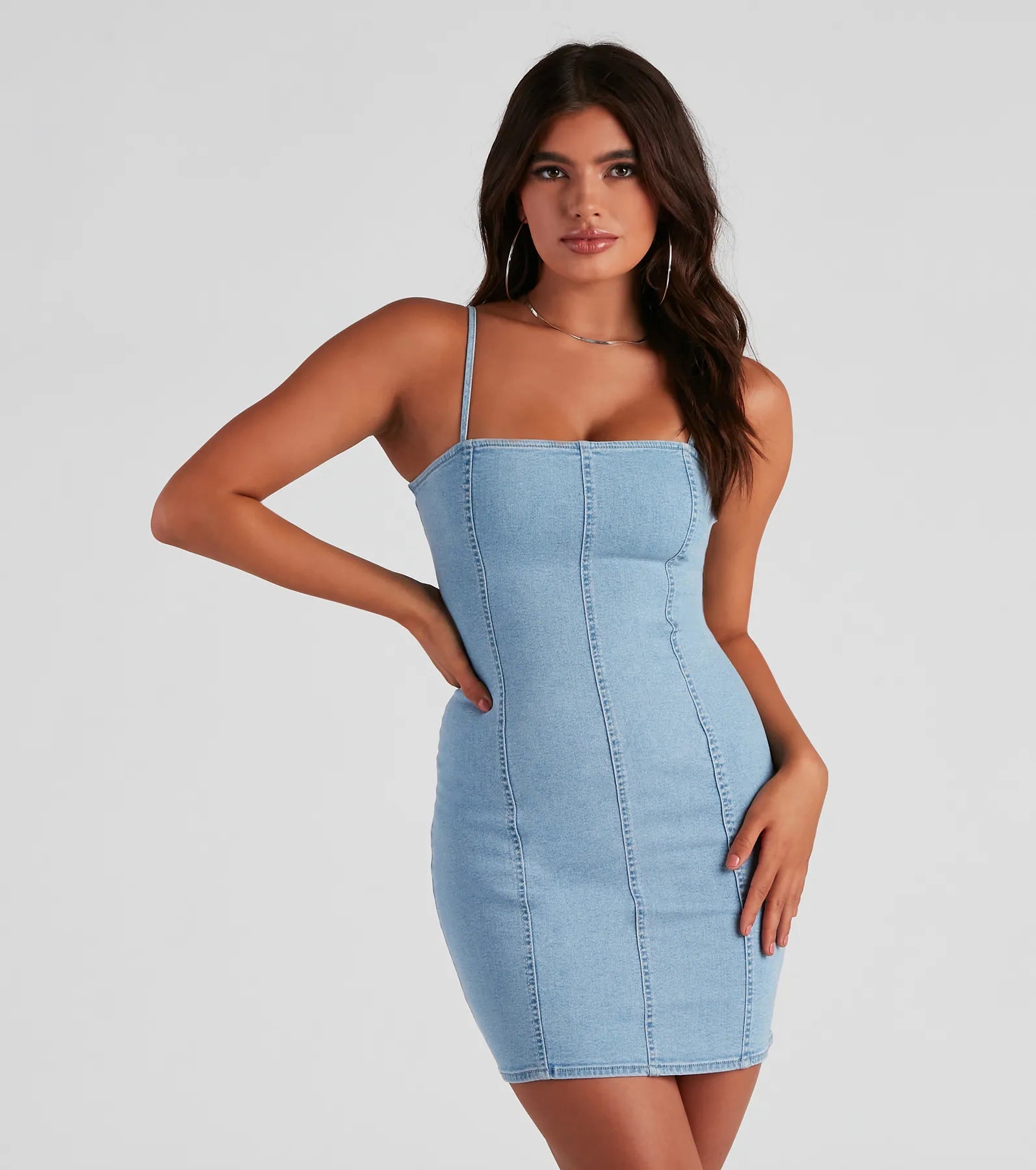 Bodycon dress with a cold - shoulder design​Denim Days Square Neck Mini Dress