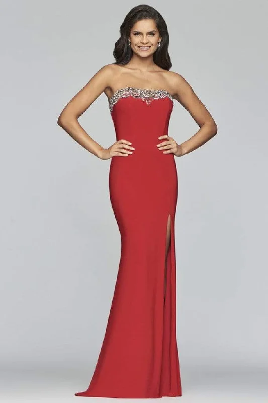 Wedding guest dresses with belted waists and knee - length skirtsFaviana - S10200 Beaded Tulle Neckline Strapless Jersey Dress Wedding guest dresses with belted waists and knee - length skirtsFaviana - S10200 Beaded Tulle Neckline Strapless Jersey Dress