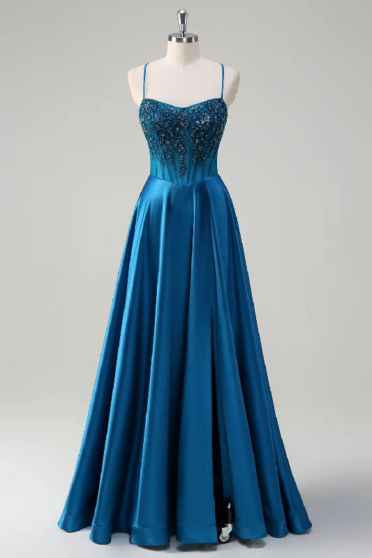 Cocktail dresses with a pom - pom trim and a short - sleeved styleGlitter Blue Corset Spaghetti Straps Long Prom Dress With Sequins Cocktail dresses with a pom - pom trim and a short - sleeved styleGlitter Blue Corset Spaghetti Straps Long Prom Dress With Sequins