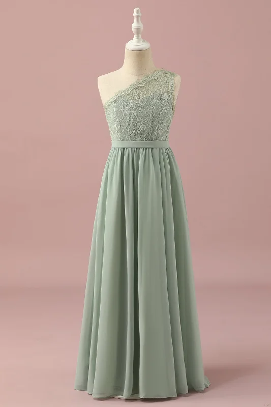 Metallic wedding guest dresses for a glamorous weddingGreen One Shoulder Lace and Chiffon Junior Bridesmaid Dress Metallic wedding guest dresses for a glamorous weddingGreen One Shoulder Lace and Chiffon Junior Bridesmaid Dress