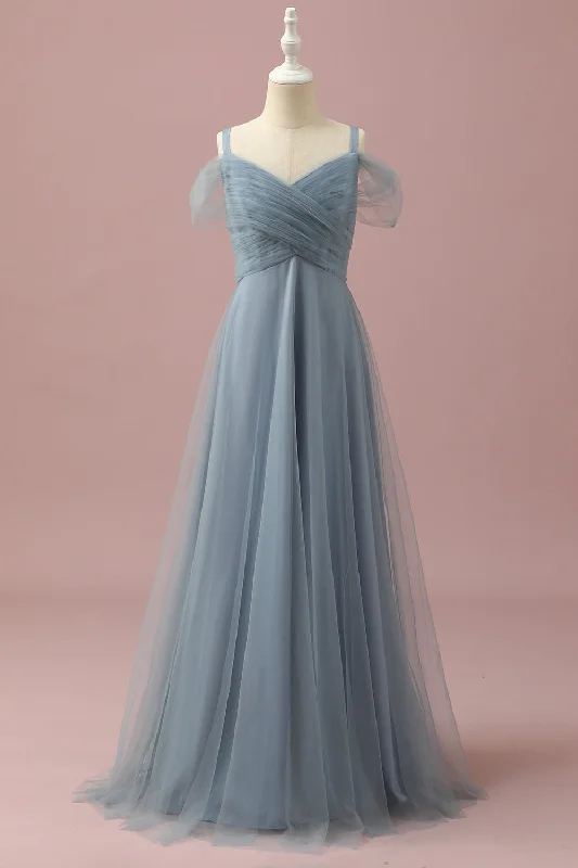 Bow - backed wedding guest dresses in silk for a luxurious feelGrey Blue Cold Shoulder Tulle Junior Bridesmaid Dress Bow - backed wedding guest dresses in silk for a luxurious feelGrey Blue Cold Shoulder Tulle Junior Bridesmaid Dress