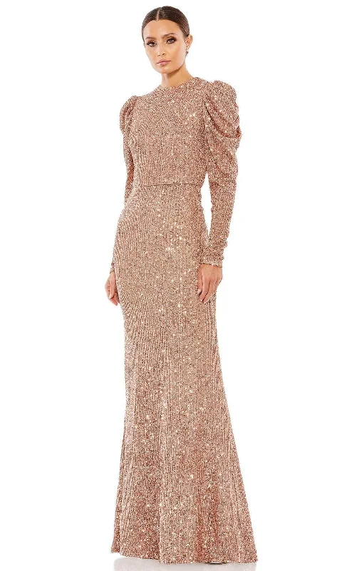 Wedding guest dresses with keyhole backs and flowing fabricsIeena Duggal 26692 - Long Puffed Sleeves High Neck Long Gown
