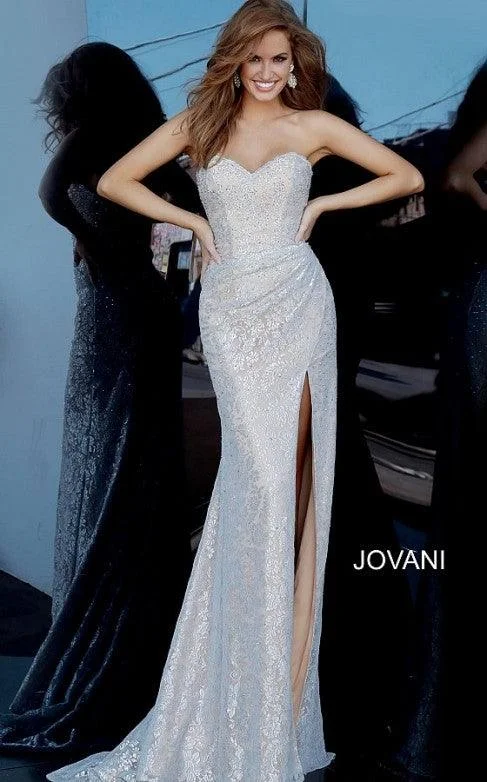 Solid - colored bodycon dress for a classic appearance​Jovani 02454 Prom Long Formal Strapless Lace Dress