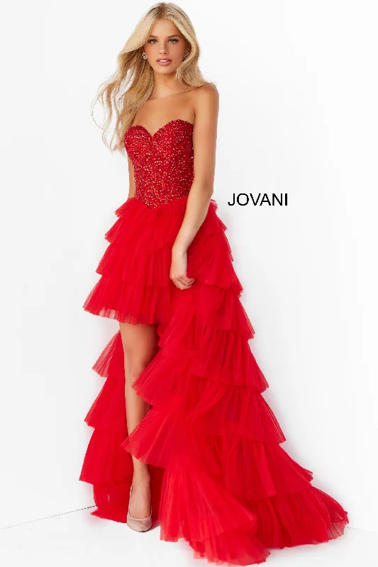 Bodycon dress with a wrap - around style​Jovani 08100 Strapless High Low Prom Dress