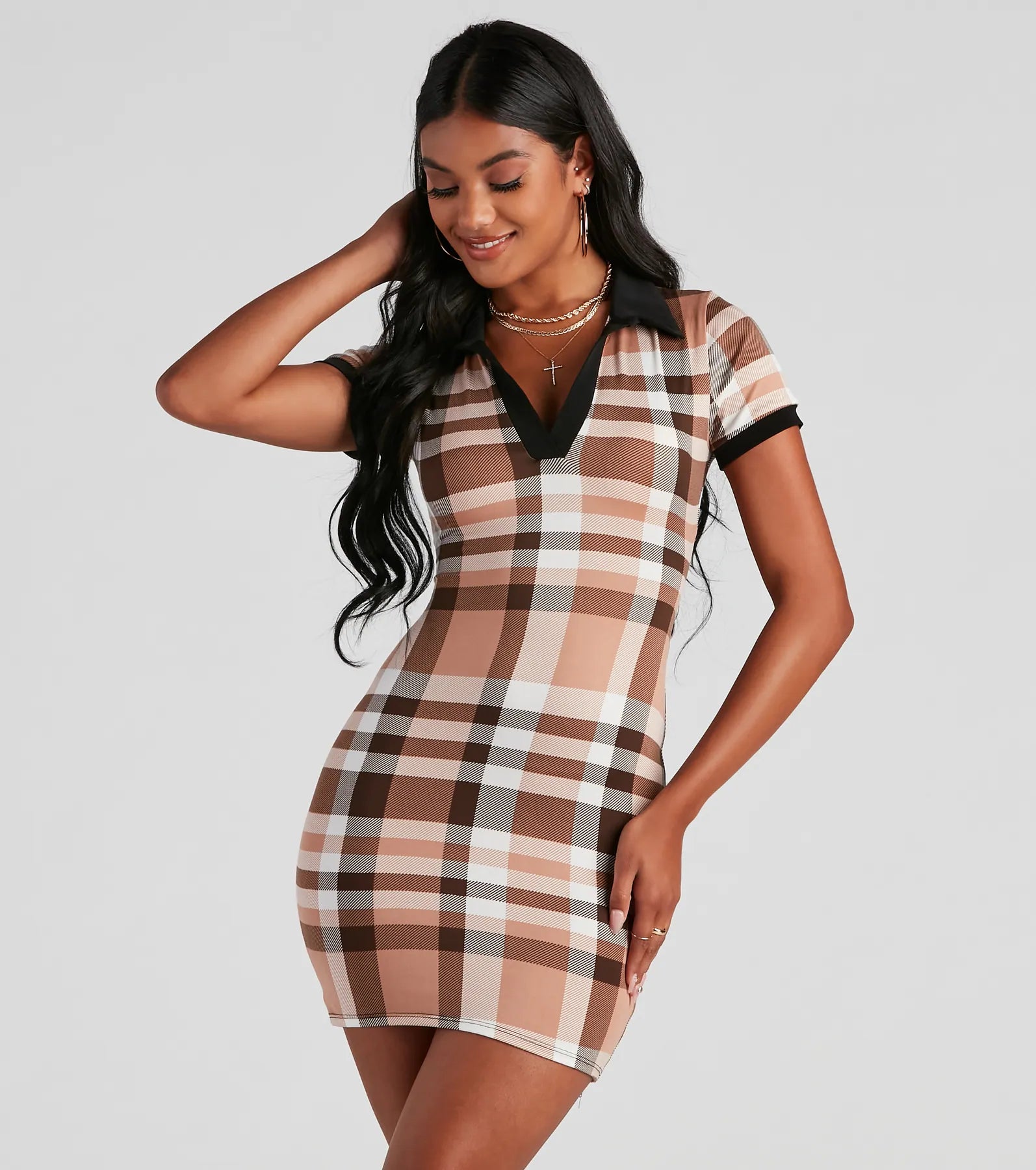 Bodycon dress with a belted waist for a defined figure​Keep It In Check Plaid Mini Dress