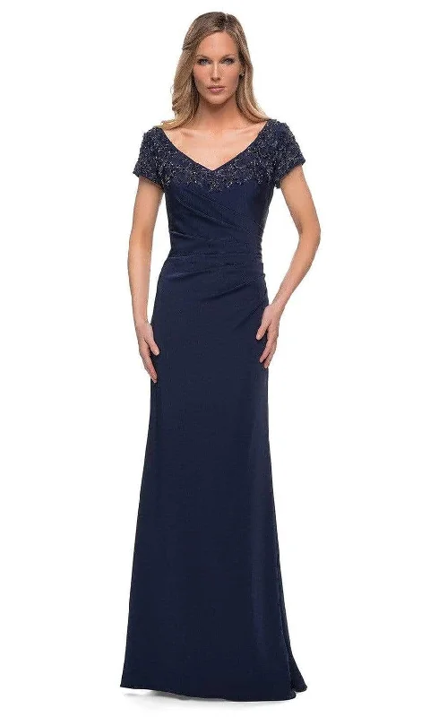 Sheer wedding guest dresses with lace inserts and long sleevesLa Femme - 28321 V-Neck Fitted Evening Dress Sheer wedding guest dresses with lace inserts and long sleevesLa Femme - 28321 V-Neck Fitted Evening Dress