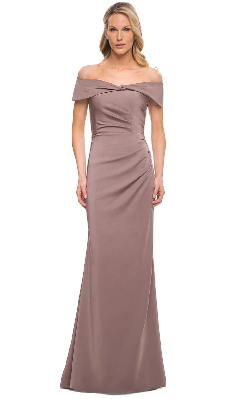 Sleeveless wedding guest dresses with pleated bodicesLa Femme 30397 - Off Shoulder Ruched Bodice Long Dress Sleeveless wedding guest dresses with pleated bodicesLa Femme 30397 - Off Shoulder Ruched Bodice Long Dress