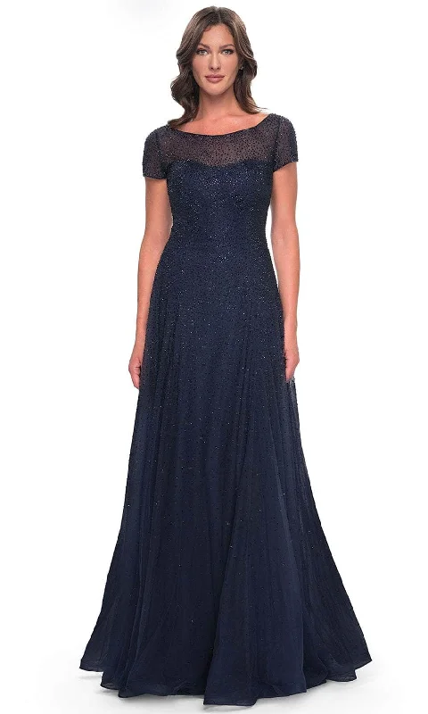 Wedding guest dresses with high - low hems and floral appliquesLa Femme 30852 - Illusion Rhinestone Formal Dress