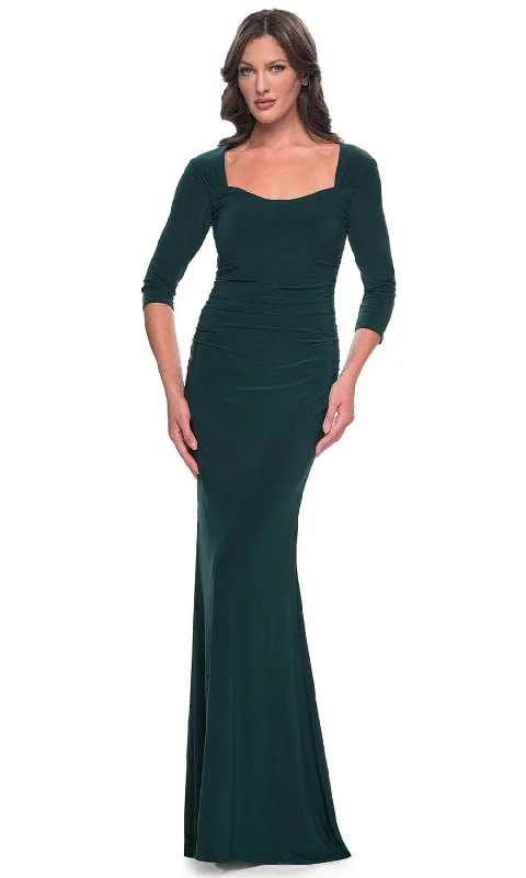 Sheer wedding guest dresses with lace inserts and long sleevesLa Femme 30883 - Quarter Sleeve Jersey Evening Dress Sheer wedding guest dresses with lace inserts and long sleevesLa Femme 30883 - Quarter Sleeve Jersey Evening Dress