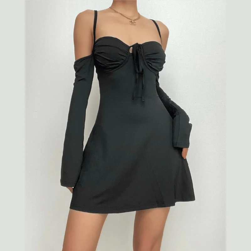 Cocktail dresses with off - the - shoulder designs and beaded accentsBerryBetty - Lace up solid cross back off shoulder long sleeve mini dress Cocktail dresses with off - the - shoulder designs and beaded accentsBerryBetty - Lace up solid cross back off shoulder long sleeve mini dress