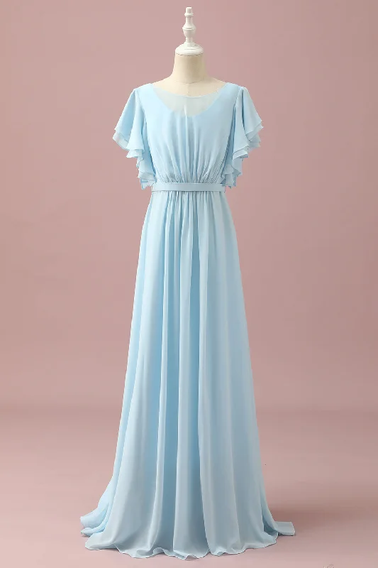 Wedding guest dresses with belted waists and knee - length skirtsLight Blue Chiffon Batwing Sleeves A-Line Junior Bridesmaid Dress Wedding guest dresses with belted waists and knee - length skirtsLight Blue Chiffon Batwing Sleeves A-Line Junior Bridesmaid Dress