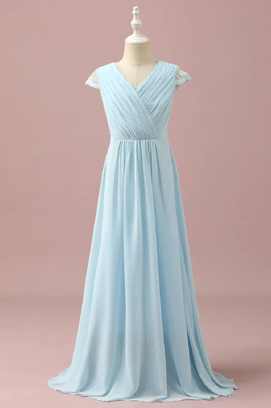 Halter - neck wedding guest dresses with beaded strapsLight Blue Lace and Chiffon V-Neck Junior Bridesmaid Dress Halter - neck wedding guest dresses with beaded strapsLight Blue Lace and Chiffon V-Neck Junior Bridesmaid Dress