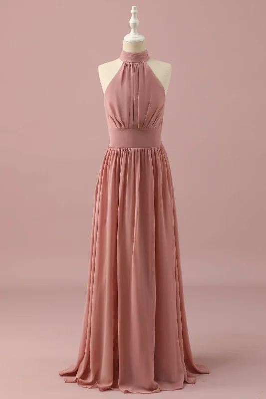Wedding guest dresses with puff sleeves and knee - length hemsLight Brown Halter Chiffon Junior Bridesmaid Dress Wedding guest dresses with puff sleeves and knee - length hemsLight Brown Halter Chiffon Junior Bridesmaid Dress
