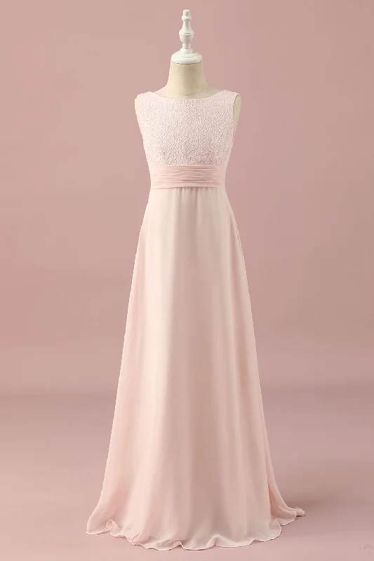 Maxi wedding guest dresses with floral prints for summer weddingsLight Pink Lace and Chiffon Junior Bridesmaid Dress