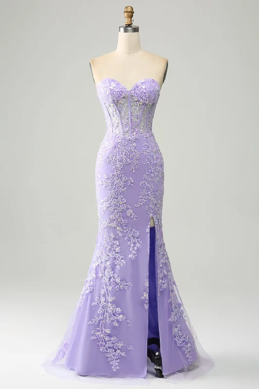 Strapless cocktail dresses with a sweetheart neckline and a full skirtLilac Mermaid Sweetheart Corset Appliques Prom Dress With Side Slit Strapless cocktail dresses with a sweetheart neckline and a full skirtLilac Mermaid Sweetheart Corset Appliques Prom Dress With Side Slit