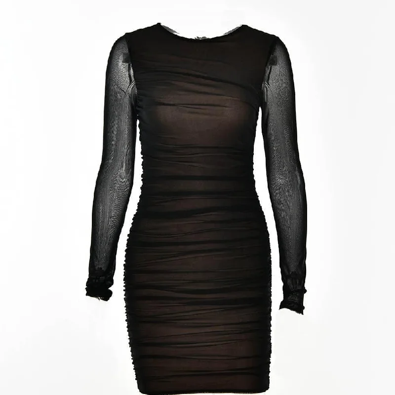 Sequined cocktail dresses with a mermaid silhouetteBerryBetty - Mesh long sleeve solid ruched crewneck mini dress Sequined cocktail dresses with a mermaid silhouetteBerryBetty - Mesh long sleeve solid ruched crewneck mini dress