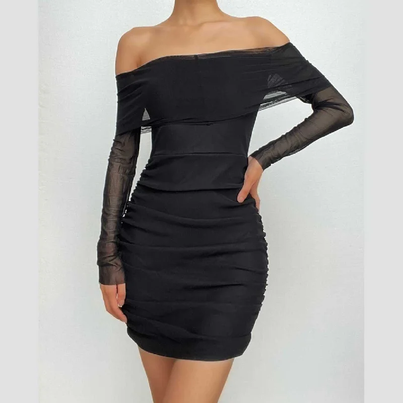Cocktail dresses with a metallic - embroidered pattern and a midi - hemBerryBetty - Mesh off shoulder solid long sleeve ruched mini dress Cocktail dresses with a metallic - embroidered pattern and a midi - hemBerryBetty - Mesh off shoulder solid long sleeve ruched mini dress