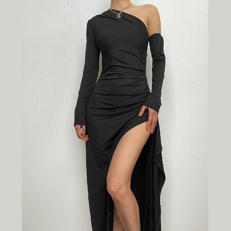 Ruffled cocktail dresses with a knee - length hem for a feminine appealBerryBetty - Off shoulder irregular ruched solid long sleeve slit maxi dress Ruffled cocktail dresses with a knee - length hem for a feminine appealBerryBetty - Off shoulder irregular ruched solid long sleeve slit maxi dress