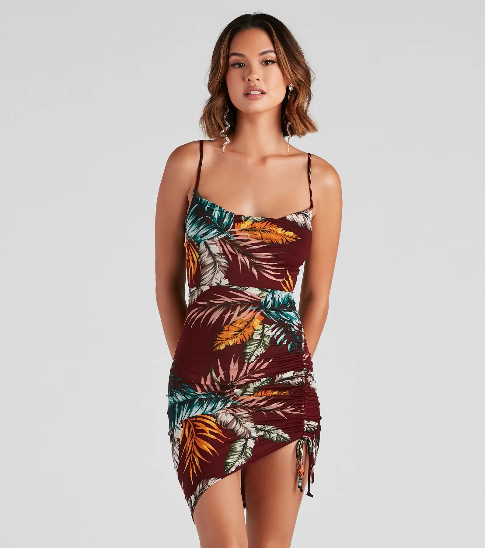 Bodycon dress with a transparent panel​Out Of Office Ruched Mini Dress