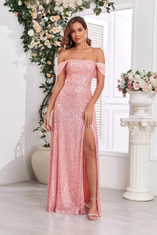 Pink A Line Off the Shoulder Sequin Long Prom Dress with Slit