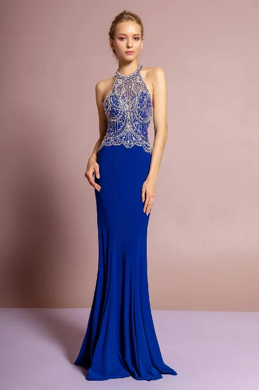 Bodycon dress with a wrap - around style​Prom Long Halter Dress Beaded Bodice Evening Gown Sale