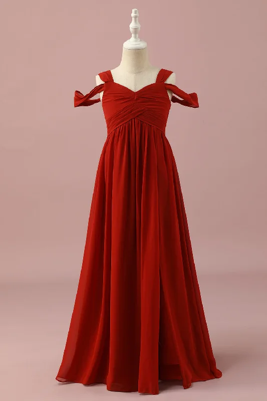 Long - sleeved wedding guest dresses in velvet for a winter weddingRed Chiffon Cold Shoulder Junior Bridesmaid Dress Long - sleeved wedding guest dresses in velvet for a winter weddingRed Chiffon Cold Shoulder Junior Bridesmaid Dress