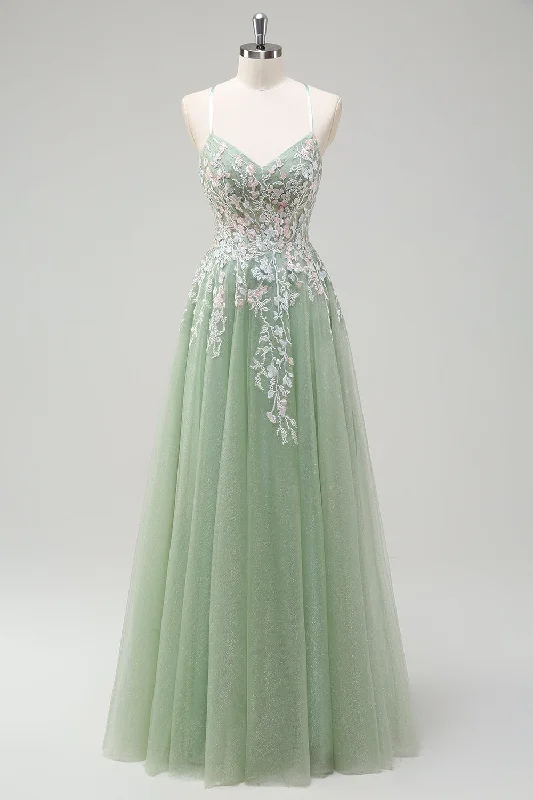 Metallic cocktail dresses with a halter neck for a glamorous occasionSage A-Line Spaghetti Straps Tulle Long Prom Dress with Appliques Metallic cocktail dresses with a halter neck for a glamorous occasionSage A-Line Spaghetti Straps Tulle Long Prom Dress with Appliques